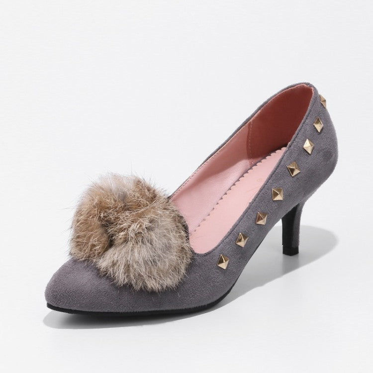 Women Flock Pointed Toe Furry Rivets Shallow Stiletto Heel Pumps