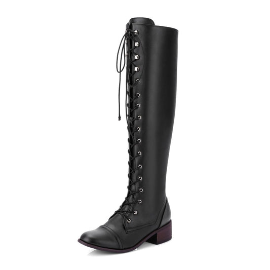 Women Crossed Lace Up Puppy Heel Knee High Boots