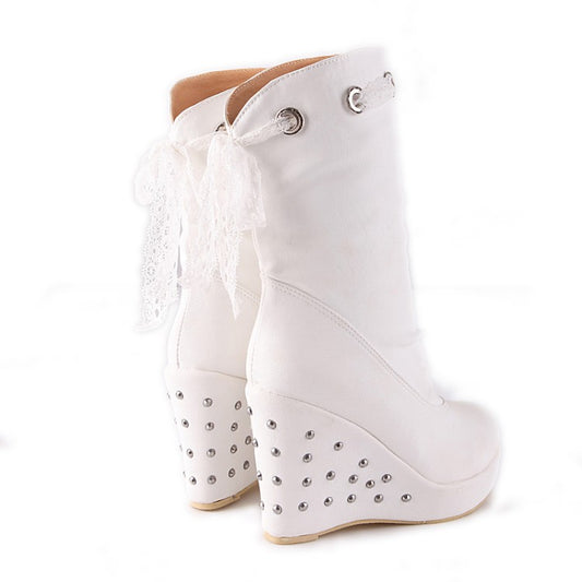 Women Round Toe Lace Tied Straps Rivets Wedge Heel Platform Mid Calf Boots