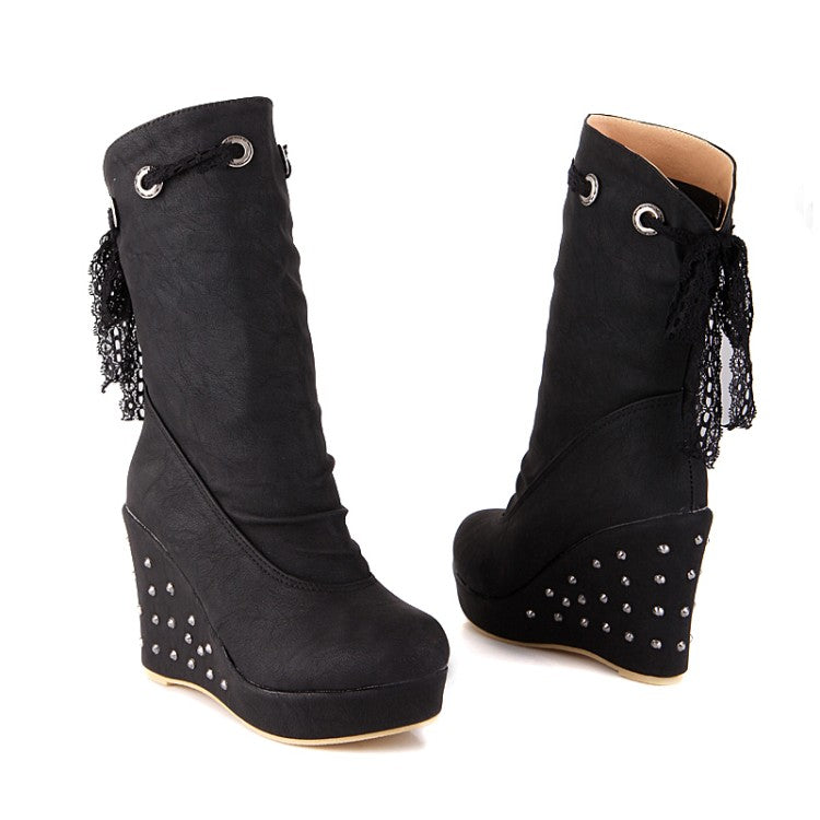 Women Round Toe Lace Tied Straps Rivets Wedge Heel Platform Mid Calf Boots