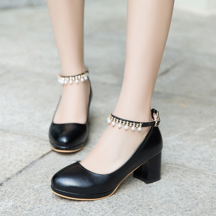 Women Pearls Tassel Ankle Strap Block Heel Platform Pumps