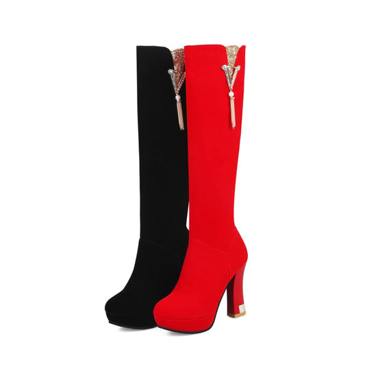 Women Flock Rhinestone Tassel Side Zippers Spool Heel Platform Knee High Boots