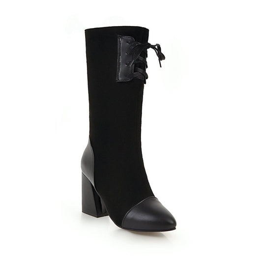 Women Pointed Toe Lace-Up Block Chunky Heel Mid-Calf Boots