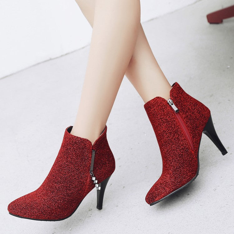 Women Glitter Pointed Toe Side Zippers Cone Heel Ankle Boots