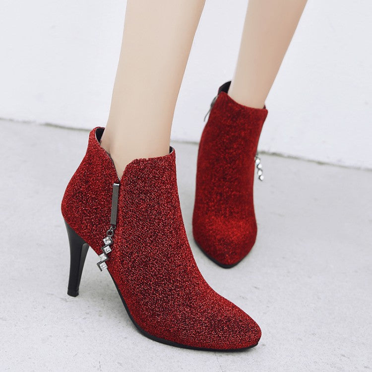 Women Glitter Pointed Toe Side Zippers Cone Heel Ankle Boots