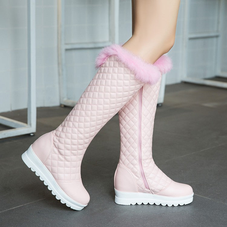 Women Pu Leather Round Toe Furry Inside Heighten Platform Wedge Heel Mid Calf Boots