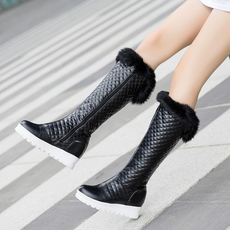 Women Pu Leather Round Toe Furry Inside Heighten Platform Wedge Heel Mid Calf Boots