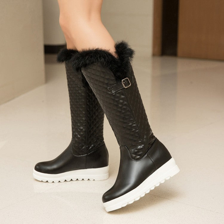 Women Pu Leather Round Toe Inside Heighten Platform Wedge Heel Mid Calf Boots