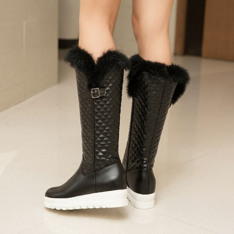 Women Pu Leather Round Toe Inside Heighten Platform Wedge Heel Mid Calf Boots