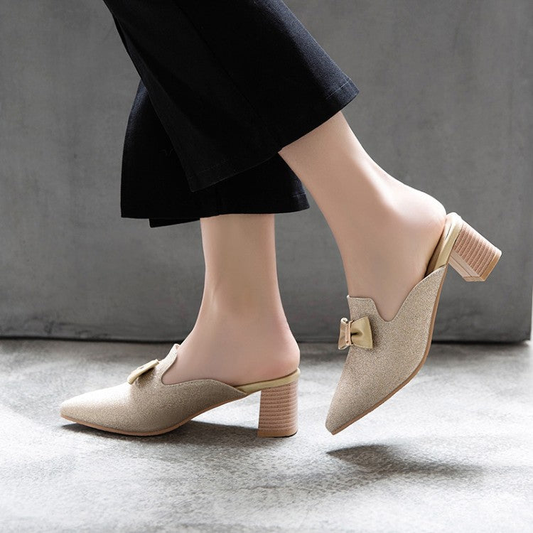 Women Glittery Bow Tie Pointed Toe Block Heel Slides