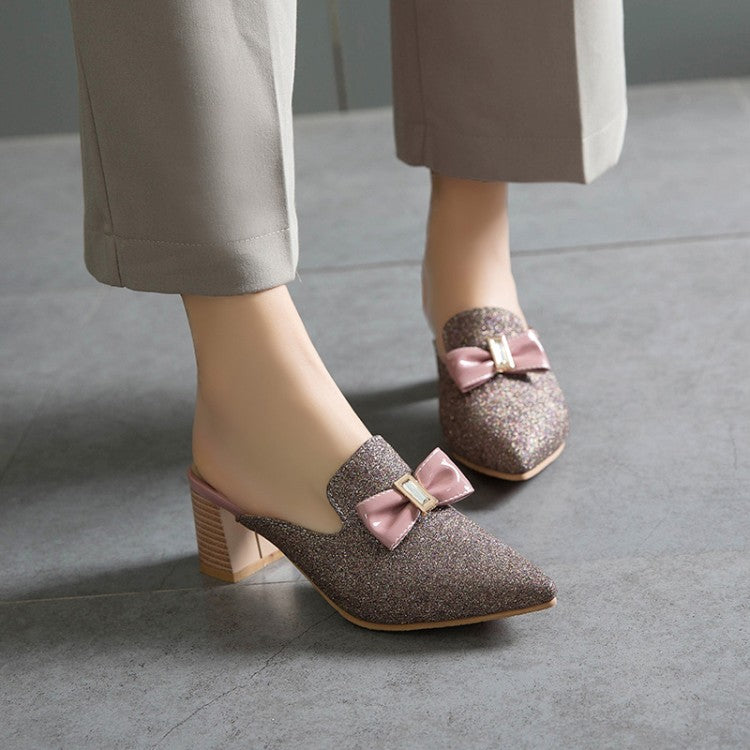 Women Glittery Bow Tie Pointed Toe Block Heel Slides