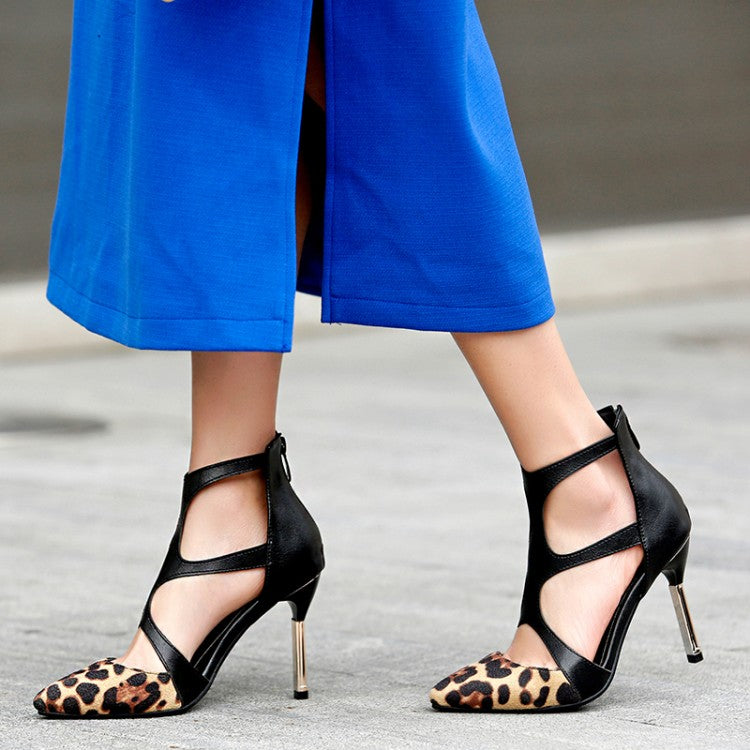 Women Leopard Print Pointed Toe Back Zippers Stiletto Heel Sandals