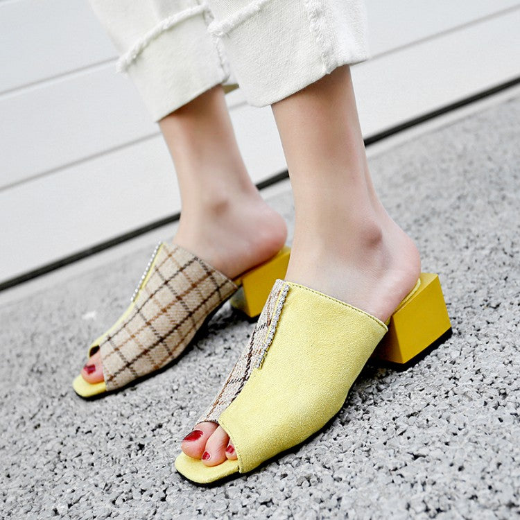 Women Bicolor Square Toe Block Chunky Heel Slides Sandals