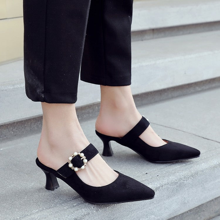 Women Pointed Toe Pearls Rings Spool Heel Slides Slip On Sandals