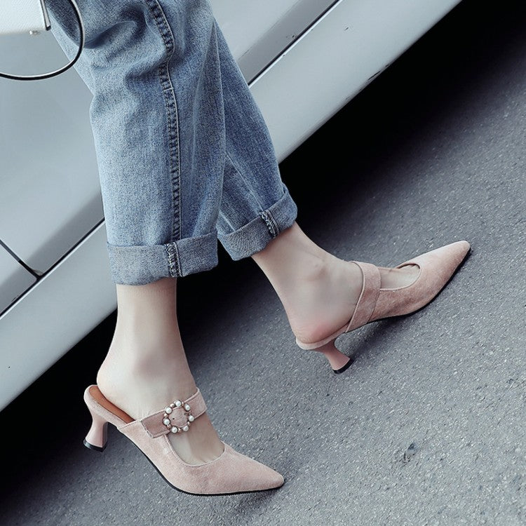 Women Pointed Toe Pearls Rings Spool Heel Slides Slip On Sandals