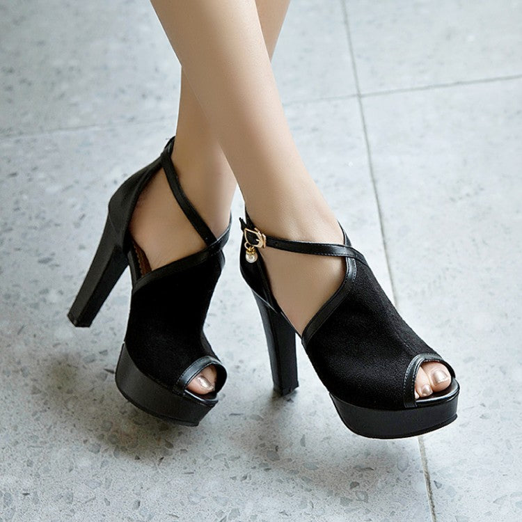 Women Peep Toe Cutout Ankle Strap Chunky Heel Platform Sandals