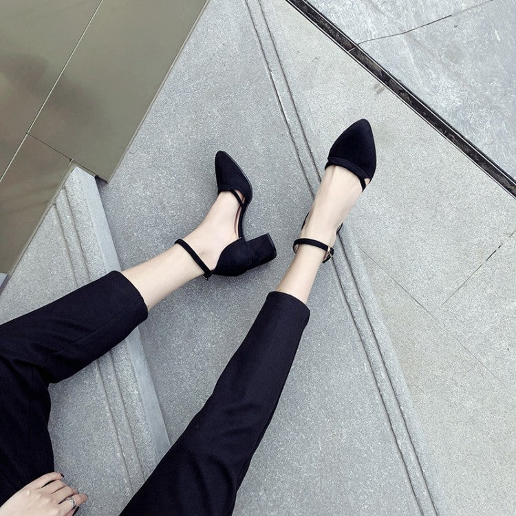 Women Pointed Toe Bicolor Ankle Strap Block Heel Sandals