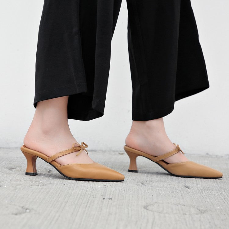 Women Pointed Toe Tie Straps Spool Heel Slides Slip On Sandals