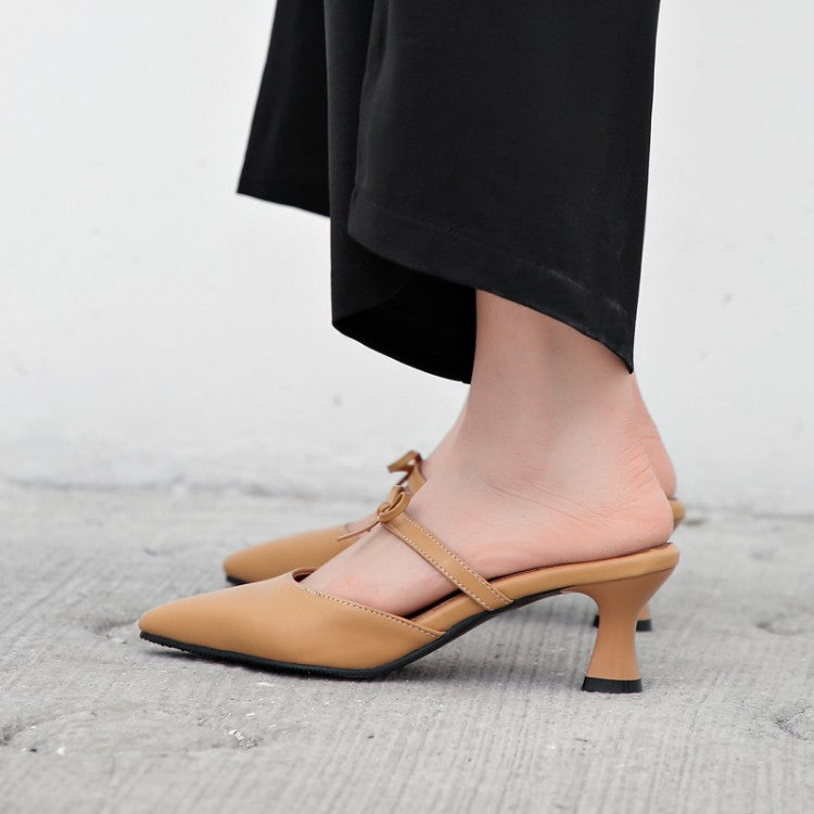 Women Pointed Toe Tie Straps Spool Heel Slides Slip On Sandals
