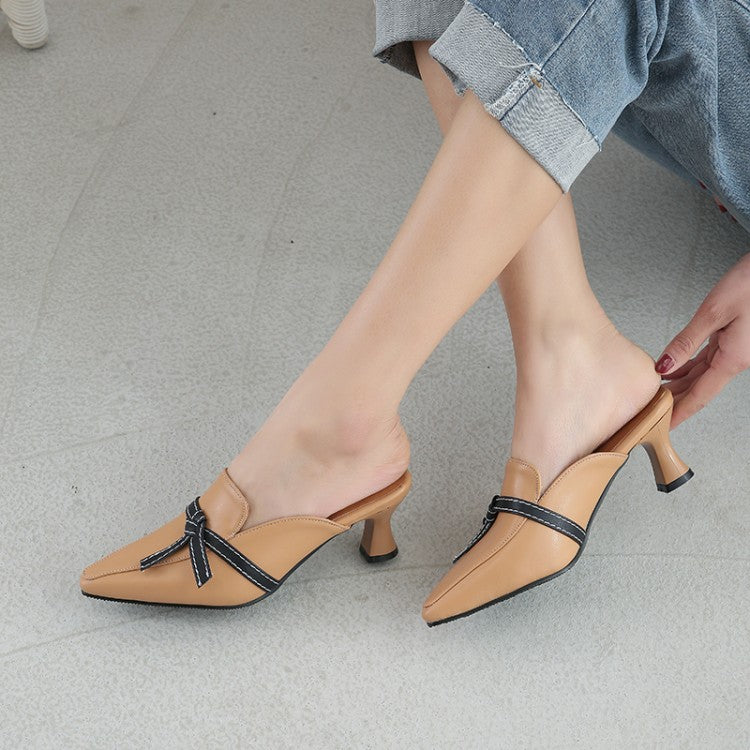 Women Pointed Toe Bicolor Bow Tie Spool Heel Slides Slip On Sandals