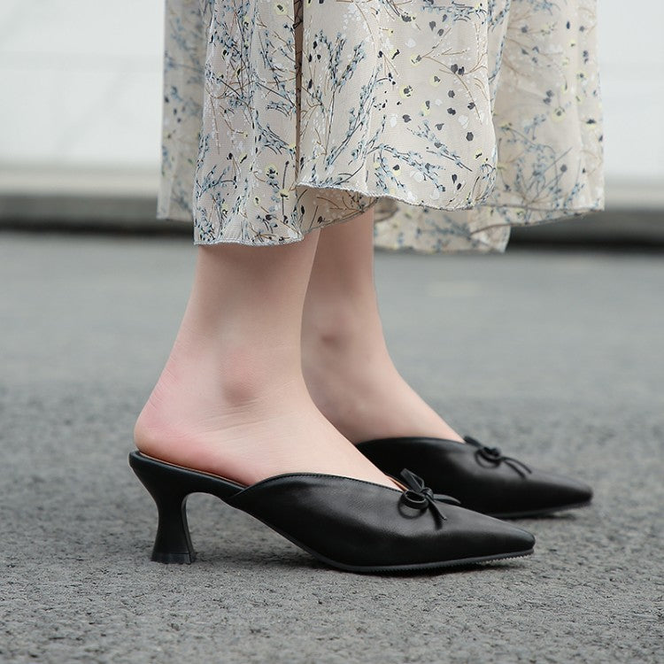 Women Pointed Toe Bow Tie Spool Heel Slides Slip On Sandals