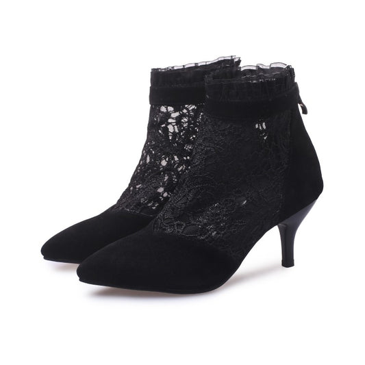 Women Booties Pointed Toe Lace Mesh Ankle Boots