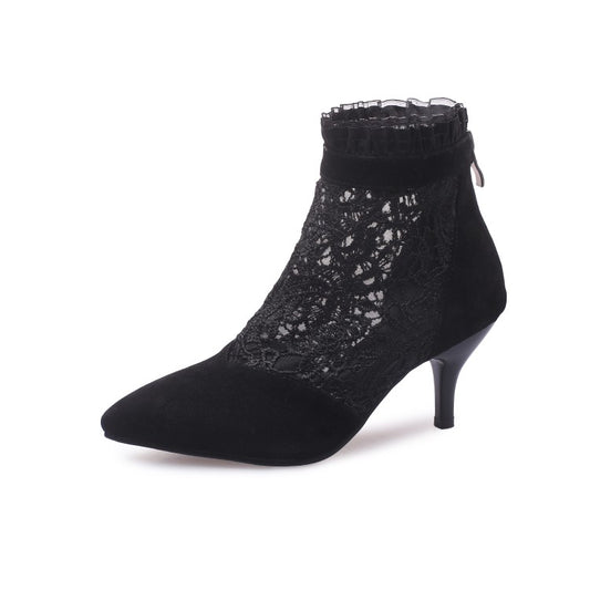 Women Booties Pointed Toe Lace Mesh Ankle Boots
