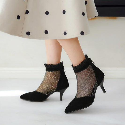 Women Ankle Boots Pointed Toe Lace Mesh High Heel Booties