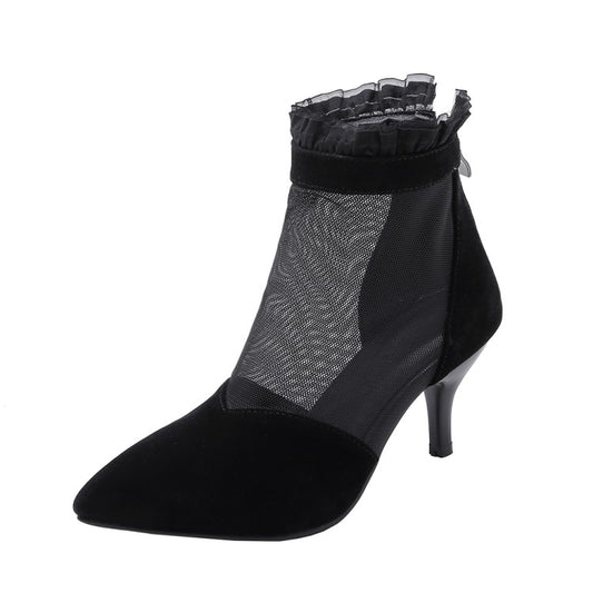 Women Ankle Boots Pointed Toe Lace Mesh High Heel Booties