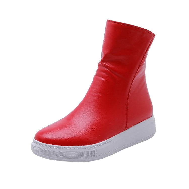 Women Pu Leather Round Toe Side Zippers Flat Platform Short Boots