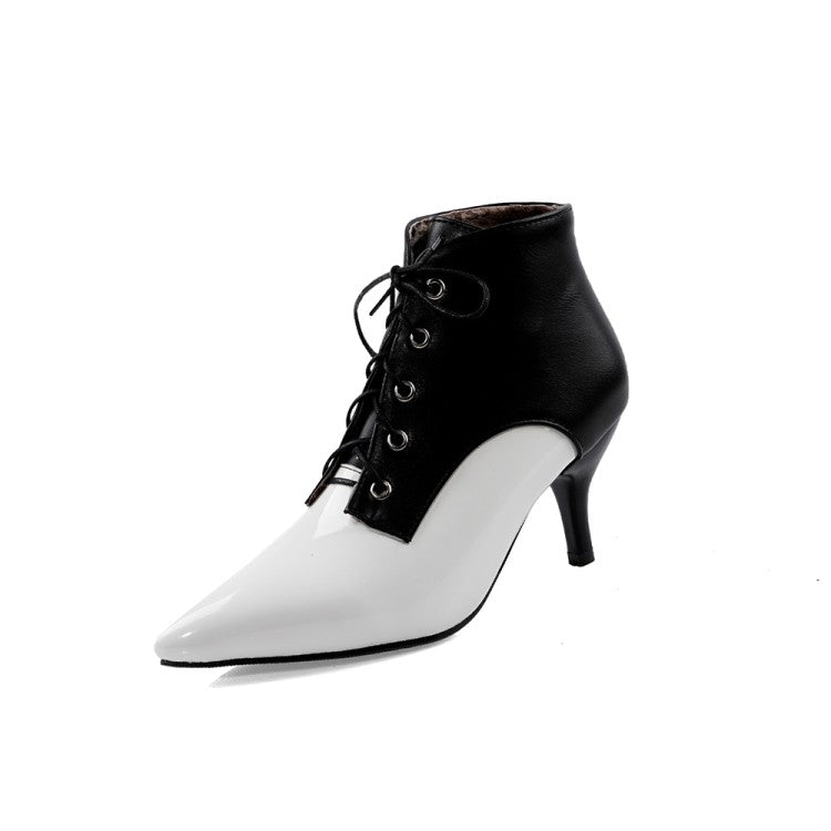 Women Bicolor Pointed Toe Lace Up Kitten Heel Ankle Boots