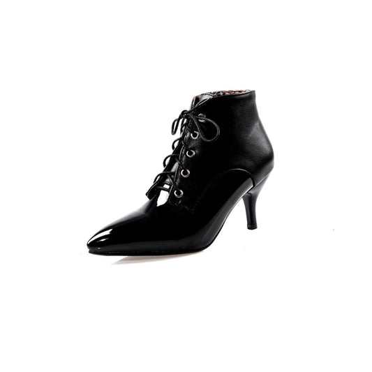 Women Bicolor Pointed Toe Lace Up Kitten Heel Ankle Boots