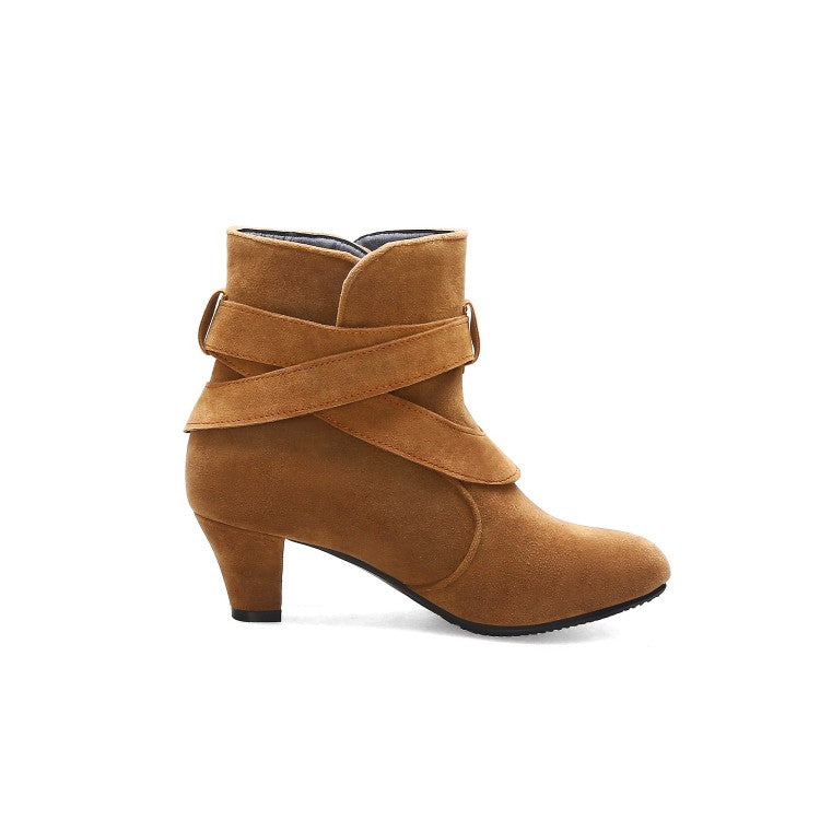 Women Flock Pointed Toe Double Buckle Straps Puppy Heel Ankle Boots