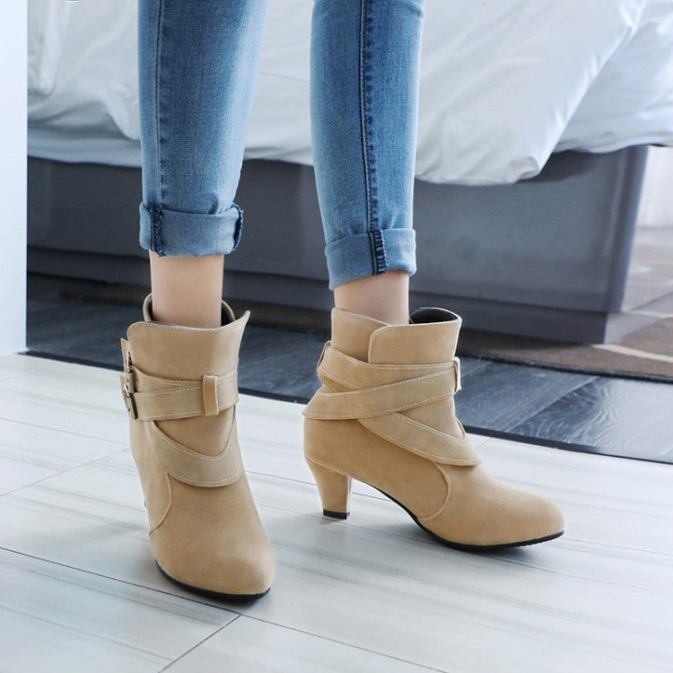 Women Flock Pointed Toe Double Buckle Straps Puppy Heel Ankle Boots
