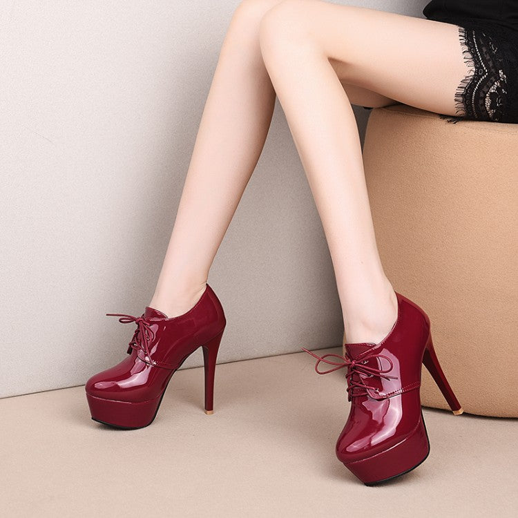 Women Lace Up Cone Heel Platform Ankle Boots