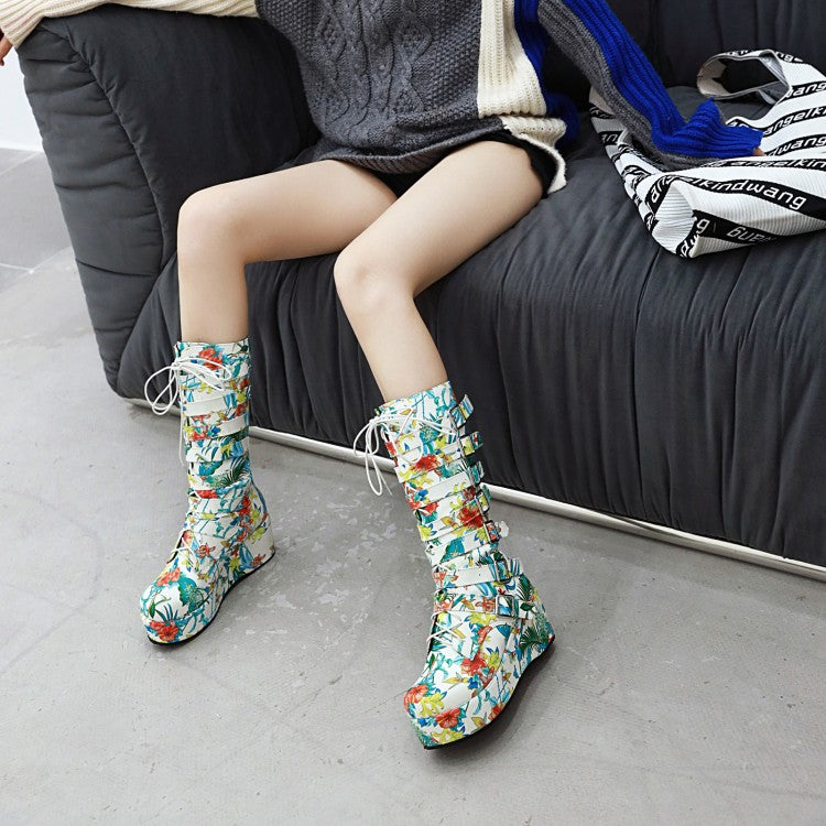 Women Matte Pu Leather Round Toe Buckle Straps Wedge Heel Platform Mid-calf Boots