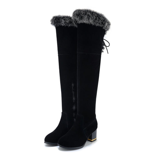 Women Flock Round Toe Fur Back Tied Straps Block Chunky Heel Over-The-Knee Boots