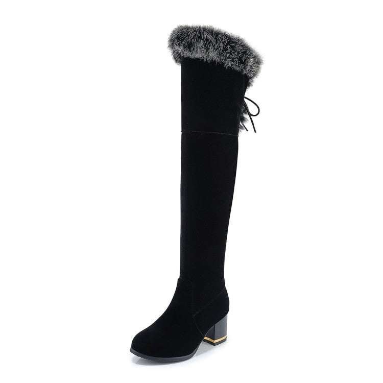 Women Flock Round Toe Fur Back Tied Straps Block Chunky Heel Over-The-Knee Boots