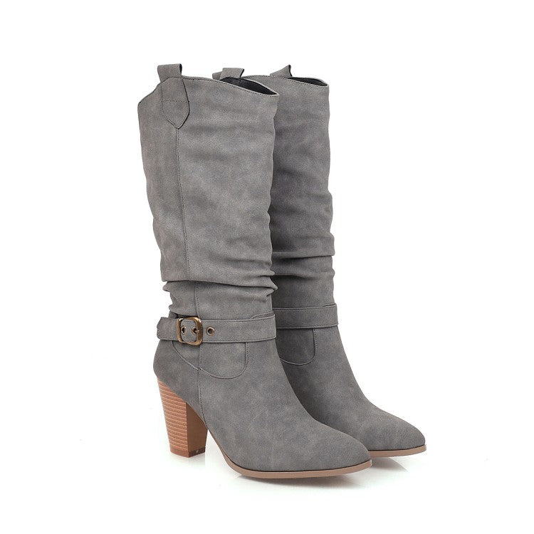 Women Pointed Toe Block Chunky Heel Buckle Straps Mid-Calf Boots