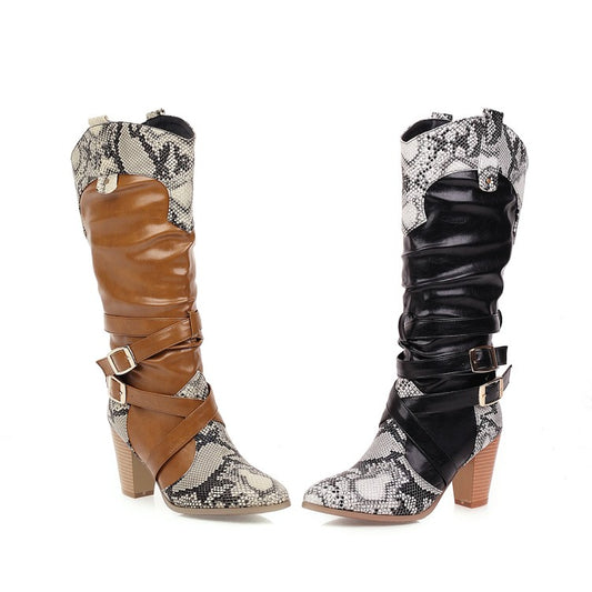 Women Snake-print Patchwork Buckle Straps Block Chunky Heel Pointed Toe Mid-Calf Boots