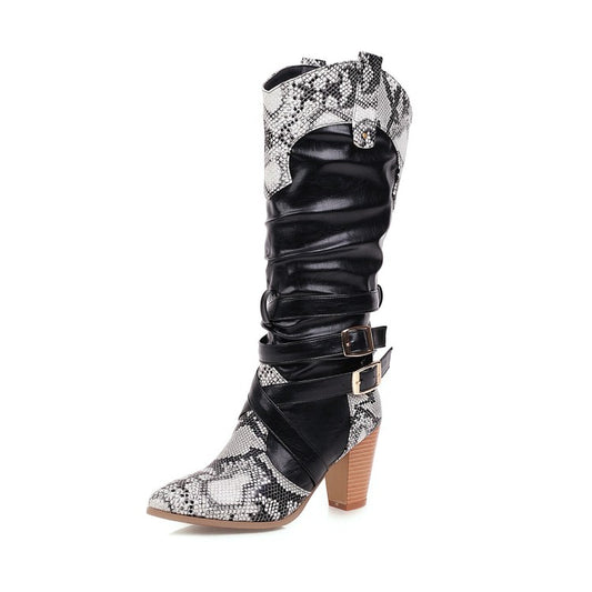 Women Snake-print Patchwork Buckle Straps Block Chunky Heel Pointed Toe Mid-Calf Boots