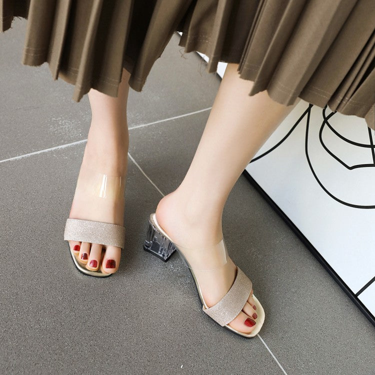 Women Transparent Crystal Block Heel Slides Sandals