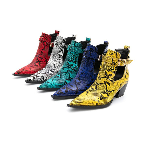 Women Serpentinite Pointed Toe Buckle Straps Block Chunky Heel Short Boots