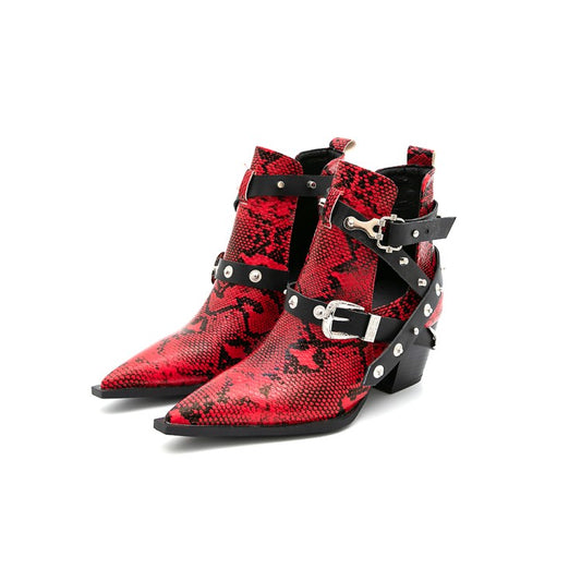 Women Snake-printed Pointed Toe Rivets Buckle Straps Block Chunky Heel Short Boots