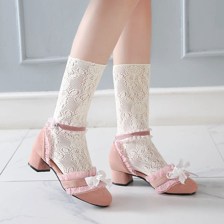 Women Lace Knot Ankle Strap Block Heel Sandals