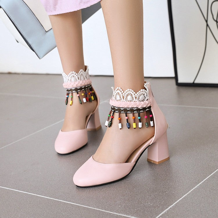 Women Ethnic Tassel Lace Block Chunky Heel Sandals