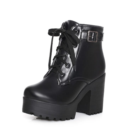 Women Round Toe Lace-Up Buckle Straps Block Chunky Heel Platform Short Boots