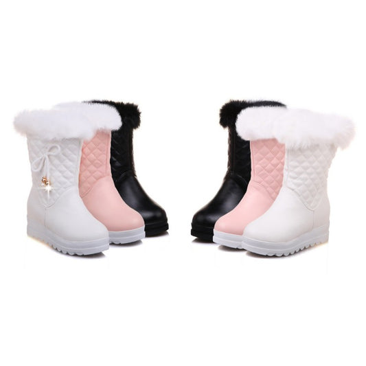 Women Round Toe Tied Straps Pearls Flat Platform Mid-Calf Boots