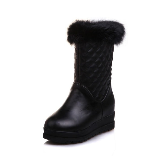 Women Round Toe Tied Straps Pearls Flat Platform Mid-Calf Boots