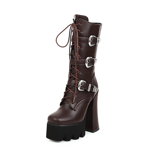 Women Pu Leather Square Toe Lace Up Buckle Straps Block Chunky Heel Platform Mid-calf Boots